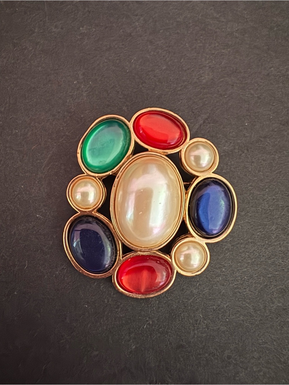 Vintage Avon Gold-Tone Multi-Stone Pearl Cabochon Brooch Mogul Inspired Design